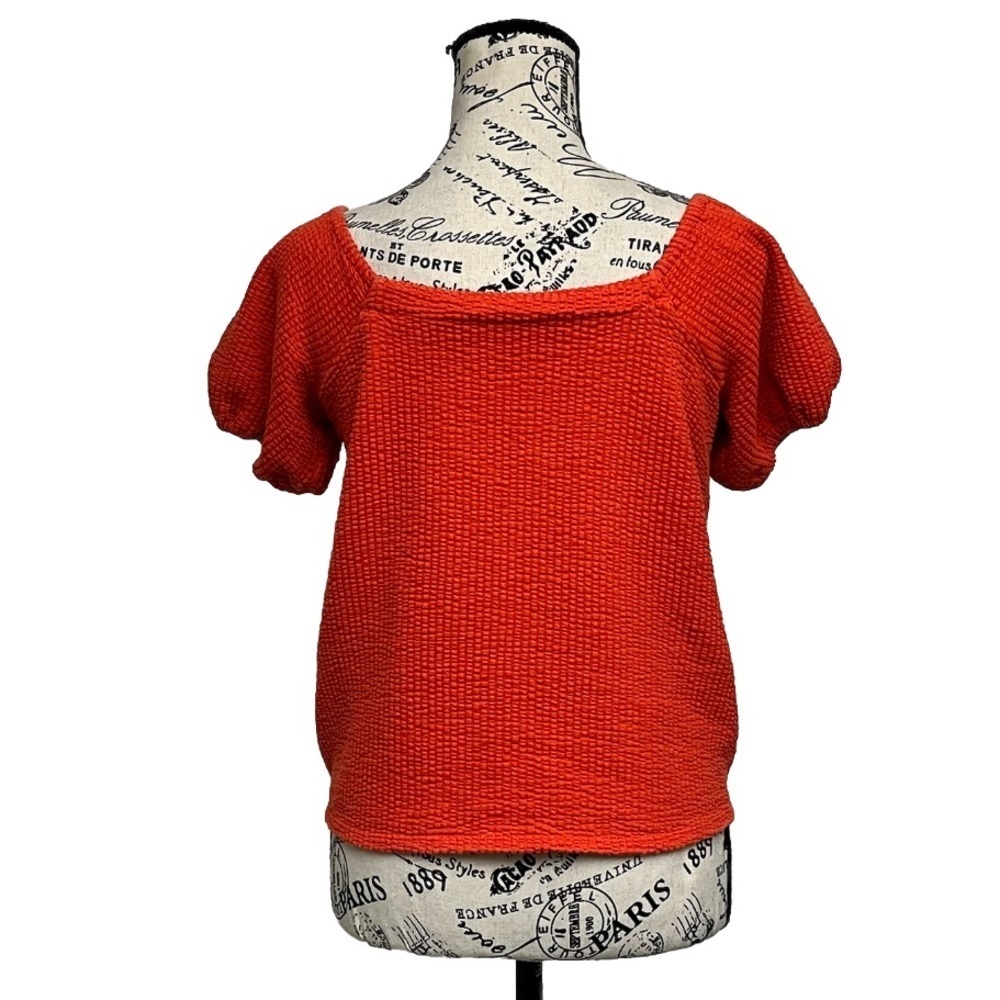 Ann Taylor LOFT Seersucker Tie Front Square Neck Puff Sleeve Top Orange XS - Picture 5 of 10